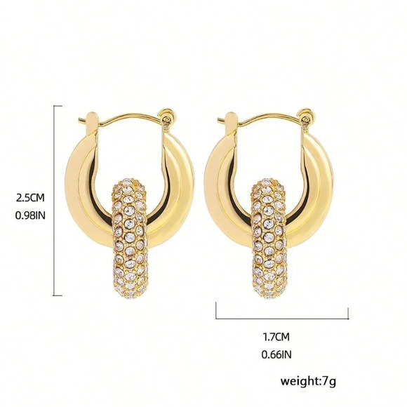 Yellow Gold Women's Gold Color Zinc Alloy Full Diamond Inlaid Hoop Earrings - Picture 5 of 5
